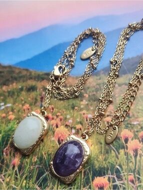 Gold-Plated Amethyst and White Stone Pendant Necklaces – Unbranded